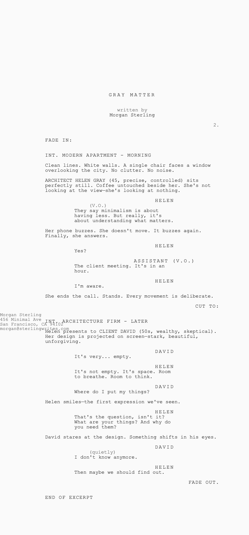 Monochrome modern screenplay